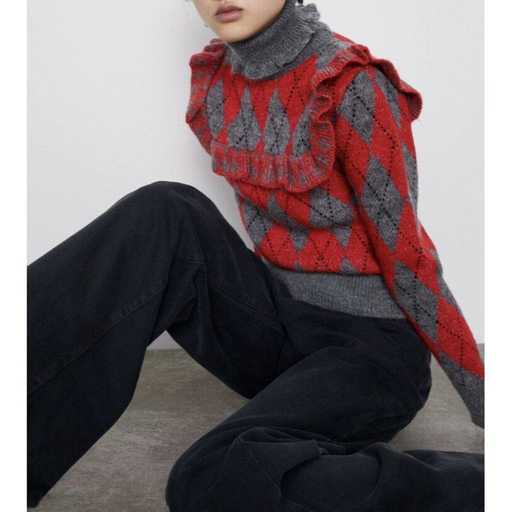 Zara Womens Argyle Sweater Turtleneck Ruffle Gray Red S Small NWT - Picture 3 of 8